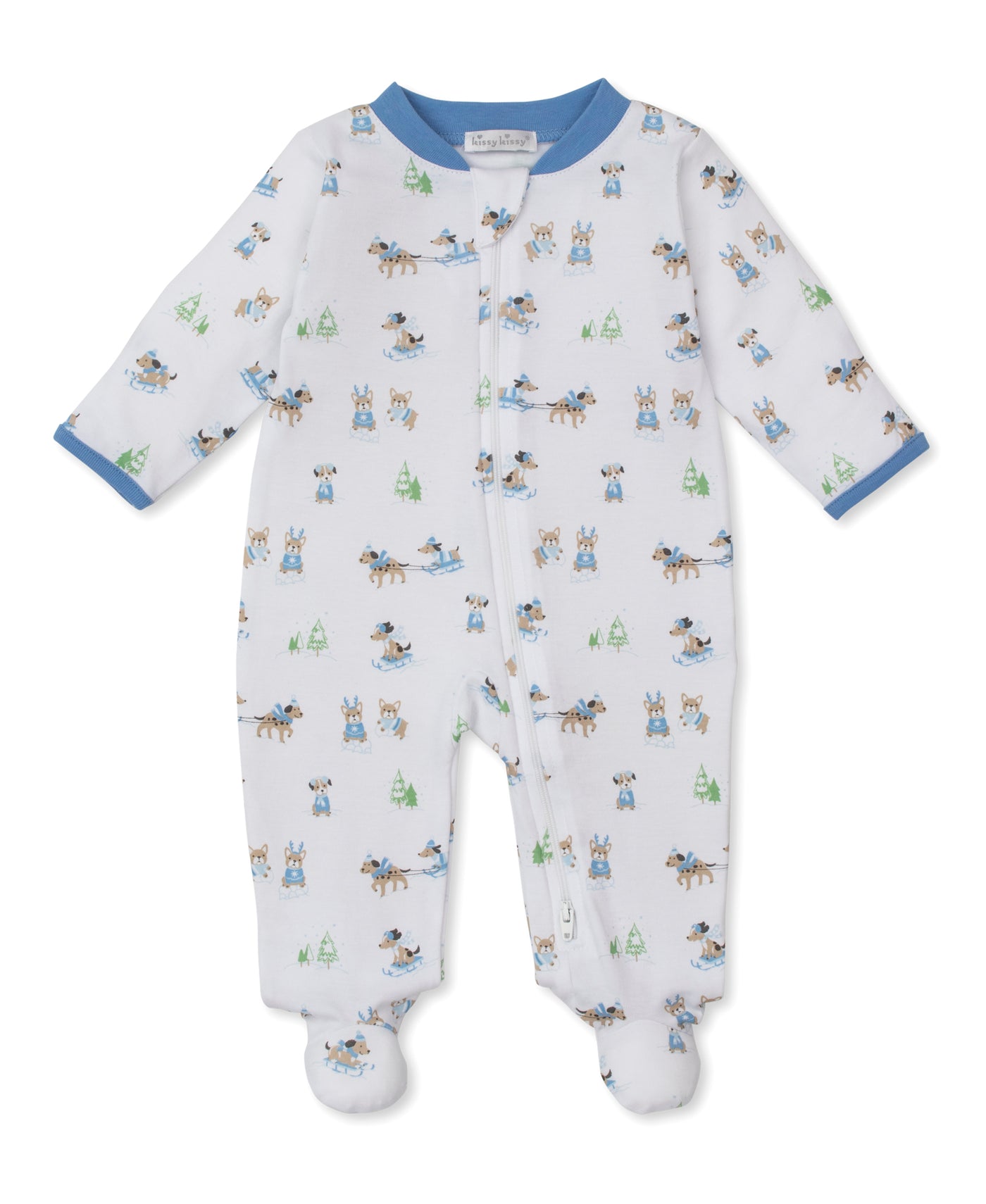 Zipper Footie - Puppy's Sleigh Riding Fun - Blue